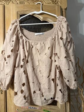 Trina Turk Blush Beige Floral Eyelet Peasant Top